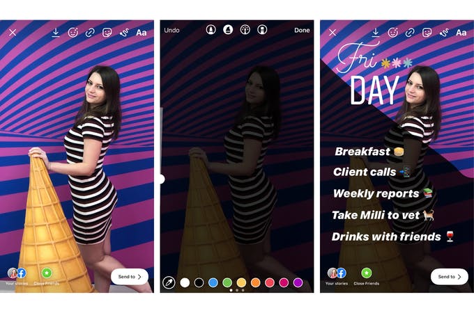 Capturas de pantalla que muestran cómo usar una superposición de fondo transparente en su historia de Instagram.